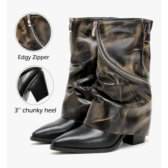 ElegaStep Women's Slouchy Fold Over Brown Boots Mid Calf Cowboy Boots Size 9 New - Picture 3 of 11